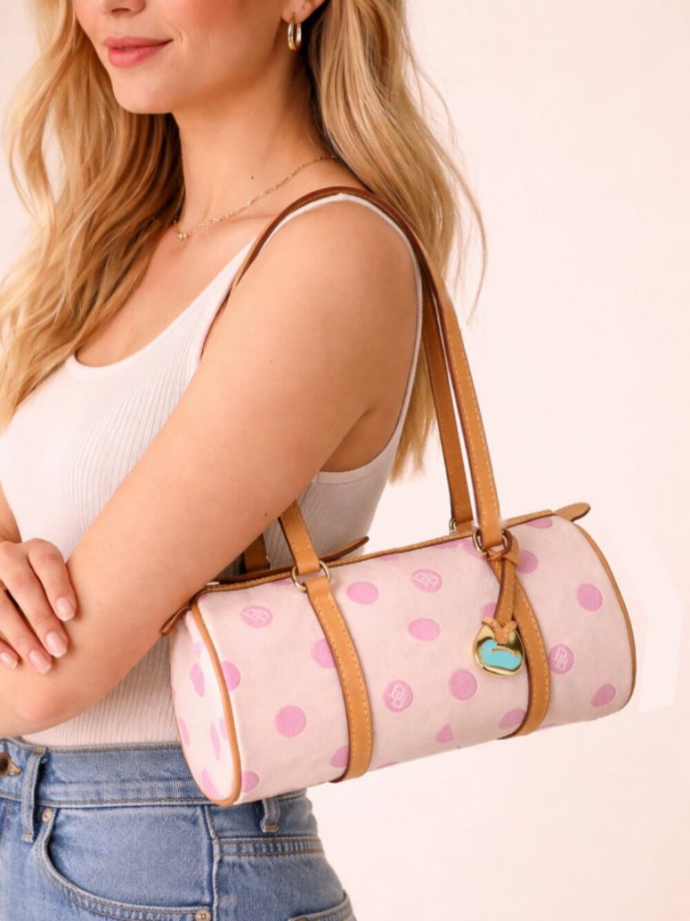 Dooney & Bourke Pink Polka Dot Barrel Bag DB Logo Canvas Satchel Y2K